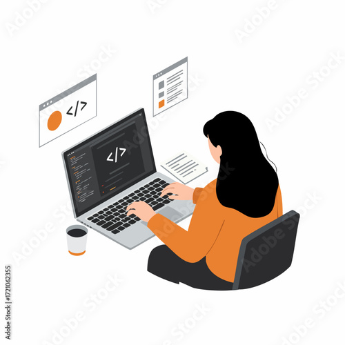 Isometric Modern Woman Coder Working on Laptop Illustration