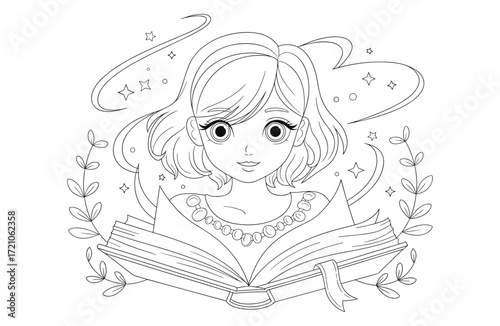 Charming black and white line art illustration of a girl with a magical storybook for coloring