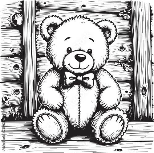 Cuddly Companion: A hand-drawn image of a teddy bear, depicted with intricate lines, embodies a comforting sense of nostalgia and warmth. Sitting in front of the wooden texture.