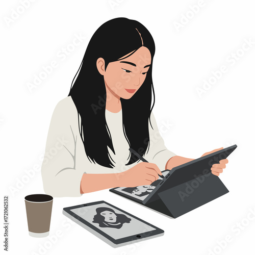 Modern Flat Style Digital Artist Illustration Working with Tablet and Pen
