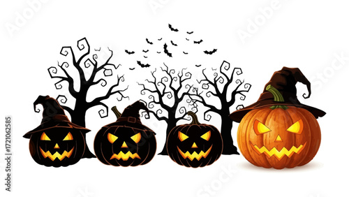 Spooky Pumpkin Patch: A Halloween scene features jack-o'-lanterns with menacing faces, illuminated by eerie glowing lights, set against the backdrop of barren trees under the dark sky.