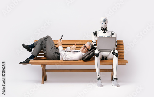 Businessman resting on a bench while an AI robot is doing his job