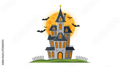 Spooky Halloween Mansion: A mysterious and spooky mansion with an eerie ambiance, silhouetted by the full moon, complete with bats.