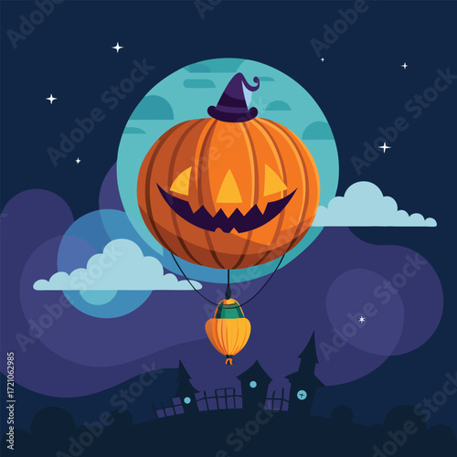 Spooky halloween night with a carved jack o lantern pumpkin wearing a witch hat and a glowing lantern hanging below against a full moon and dark sky with clouds and stars