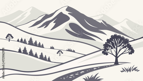 Illustration of a mountain landscape with rolling hills and trees in a monochrome color palette style | svg ,png & jpeg
