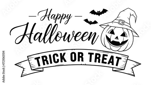 Spooky Halloween Design: A festive black and white design spells out Happy Halloween above Trick or Treat, accompanied by bats and a smiling pumpkin with a witch hat, celebrating the spooky season.