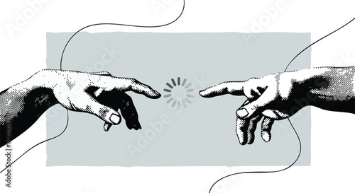 A modern interpretation of 'The Creation of Adam' with a loading icon between two hands, symbolizing a digital connection.
