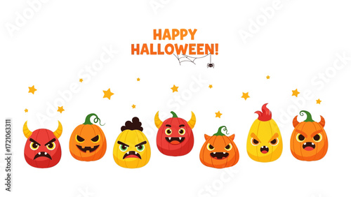 Spooky Pumpkin Faces: A cheerful Happy Halloween banner features an array of carved pumpkins with emotive expressions. Capturing the festive mood and playful essence of the holiday.