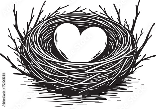 Nest of Affection: A hand-drawn illustration depicts a bird's nest, intricately woven with twigs, cradling a heart-shaped egg, symbolizing love, protection, and the nurturing essence of home.