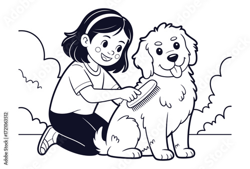 Black and white illustration of a girl brushing a happy dog's fur