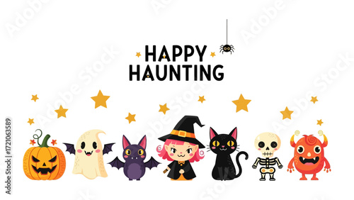 Happy Haunting: An eye-catching, vibrant arrangement of cartoonish Halloween characters spells Happy Haunting, presenting a festive atmosphere, from a mischievous pumpkin to a charming witch.