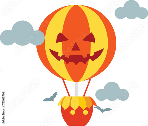 Spooky halloween jack o lantern hot air balloon floating in the sky with clouds for a festive autumn holiday celebration