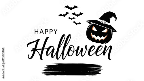 Happy Halloween: A spooky pumpkin wearing a witch hat, with a collection of flying bat silhouetted against the backdrop, alongside the words Happy Halloween.