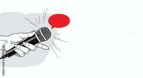 A hand holding a microphone with a red speech bubble above it, suggesting a spoken word or announcement.