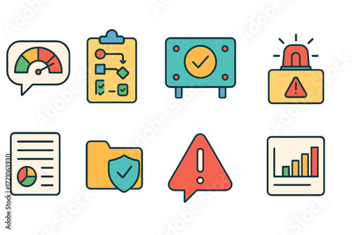 Business, analytics outline icon set. data, chart, report, alert, checklist graphics