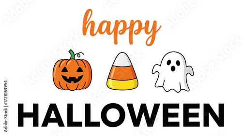 Spooky Halloween Greetings: A festive assortment of Halloween symbols – a carved pumpkin, candy corn, and a friendly ghost –  conjure up the magic and delight of Halloween!
