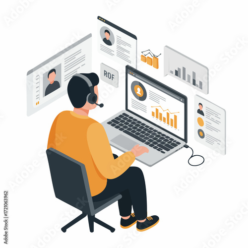 Isometric Business Communication Illustration with Man Using Laptop and Headset