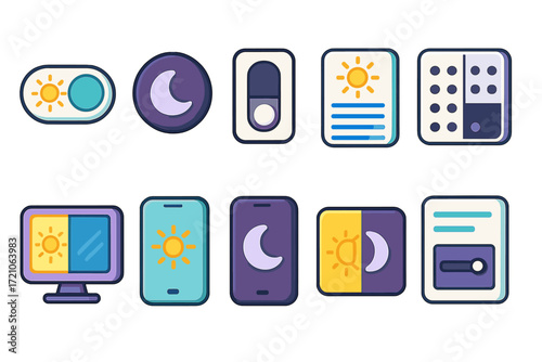 Day and night flat icon set. sun, moon, daily cycle symbol flat collection.