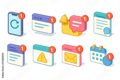 Notification badge 3d icon set: alert, message, bell, calendar icons collection