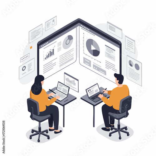 Isometric Illustration Business People Analyzing Data on Foldable Screen Device