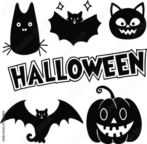 Spooky halloween graphic elements featuring a grinning jack o lantern a flying bat two cute bats and two black cats with a distressed halloween text overlay for festive decorations and designs