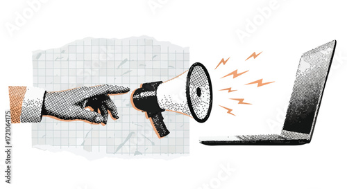 Amplify your message online with a striking megaphone and laptop graphic, perfect for marketing campaigns and digital announcements, be heard now