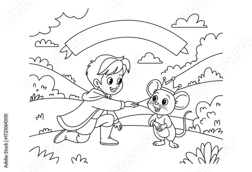 Whimsical Prince Bestows Crown Upon Adorable Mouse in Enchanting Line Art Illustration