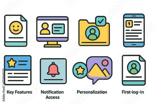 Mobile app interface icon set. personalization, notification access flat icons.