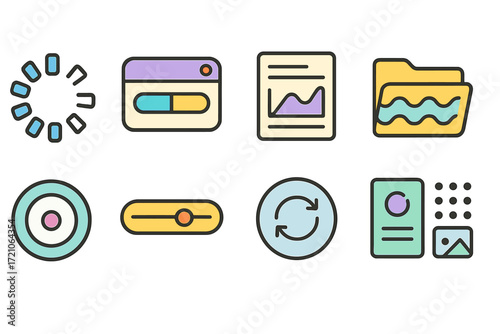 Data management flat icon set. analytics, file storage, sync icons collection