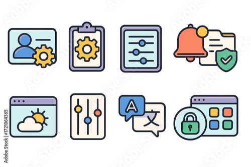 Settings and security flat icon set. system preferences, notifications, privacy collection.