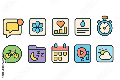 Productivity and lifestyle icon set. everyday essentials in flat style collection.