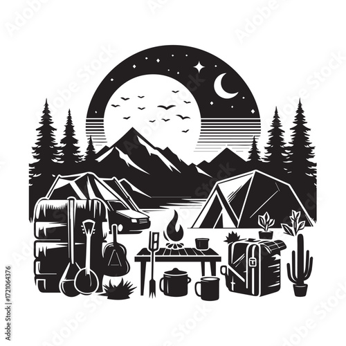 Camping scene with tents campfire guitar and mountain landscape at night banjo