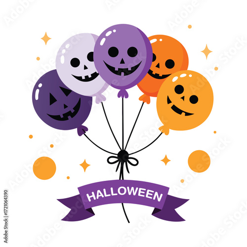 A festive bunch of halloween balloons featuring jack o lantern faces and ghostly characters tied with a purple ribbon banner announcing halloween