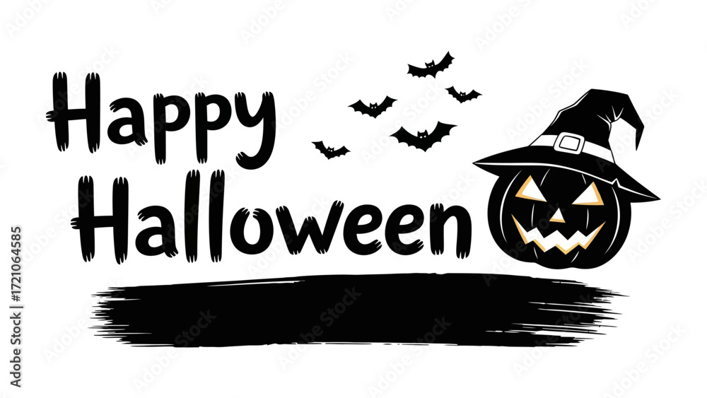 Obraz premium Spooky Halloween Greeting: A chilling Happy Halloween greeting is adorned with a carved pumpkin sporting a witch's hat and fluttering bats, set against an ominous backdrop.