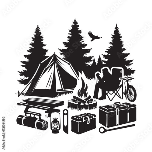 Camping setup with tent campfire person in chair and various gear silhouette
