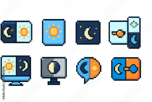 Day and night pixel icon set. sun, moon, time, pixel style icons collection.