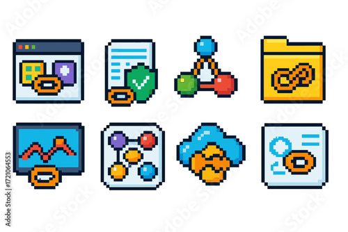 Data science flat icon set. analytics, big data icons collection