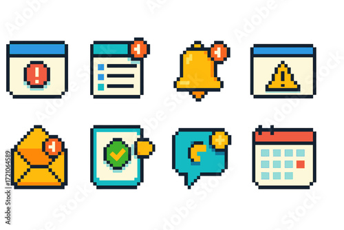 Notification and alert icon set in flat style. reminder, email, calendar flat icons.