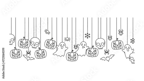 Spooky Halloween Garland: A detailed monochrome illustration features a festive Halloween garland, brimming with carved pumpkins, playful ghosts, intricate spiders, spooky skulls, and delicate bats.