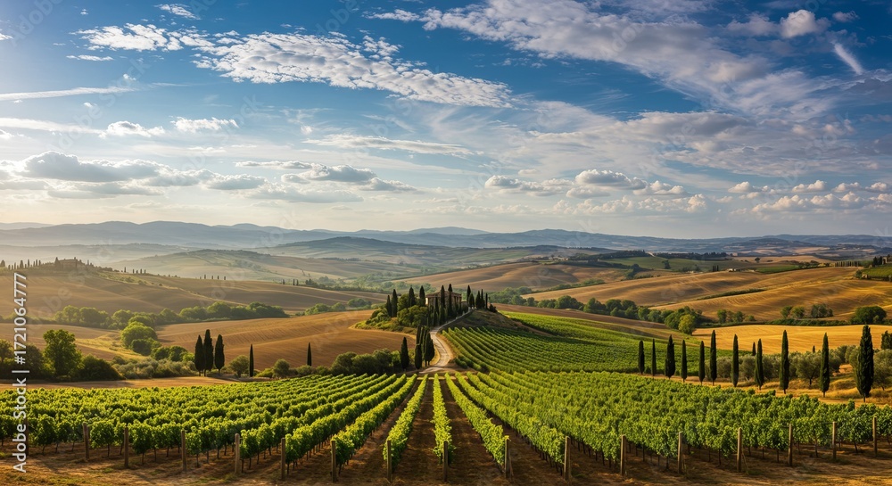 Fototapeta premium Rolling Tuscan vineyards bathed in golden light with a classic villa on the hill