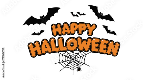 Happy Halloween Greetings: Spooky text design with bats, cobweb, and spider, conveying a celebratory atmosphere for a thrilling autumn festival.