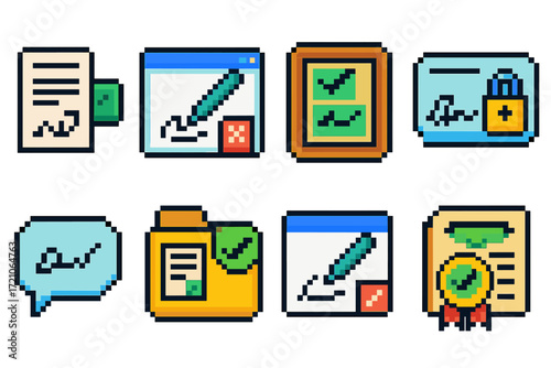 Digital signature pixelated icon set. online approval, verification pixel art icons.