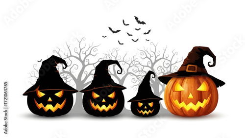 Spooky Halloween Pumpkins: A gathering of spooky, glowing jack-o'-lanterns, each with unique expressions, wearing witch hats against a backdrop of barren trees and fluttering bats.