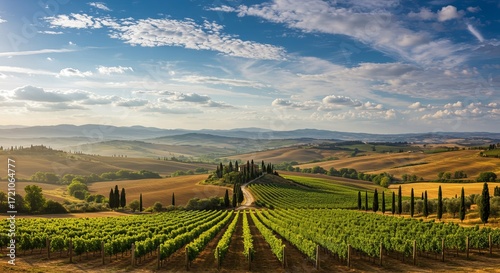 Wallpaper Mural Rolling Tuscan vineyards bathed in golden light with a classic villa on the hill Torontodigital.ca