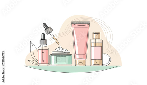 Illustration of skincare products including a dropper bottle, cream jar, tube, and pump bottle on a shelf with abstract background elements.