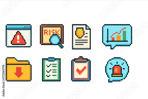 Business, finance pixel icon set. analytics, risk management, financial outline icons