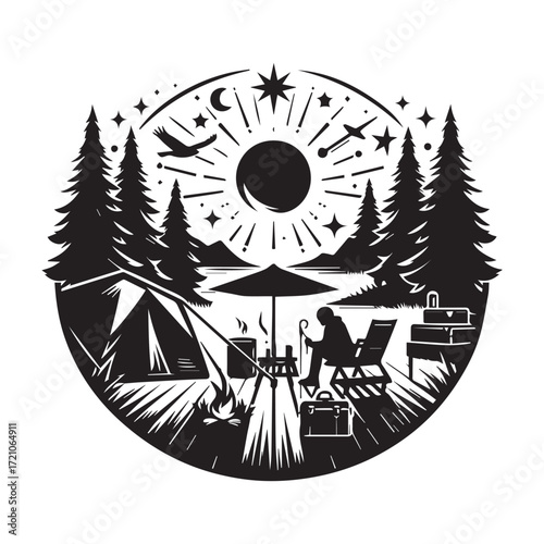 Circular silhouette of a campsite with a person relaxing by a campfire under a starry night sky