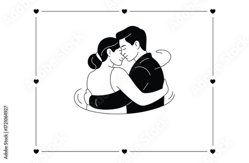 Romantic Embrace A Couple's Tender Moment in Black and White Illustration