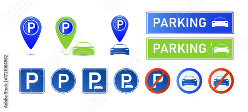 Car parking eco electric icon set. Parking and traffic signs isolated on white background. Map parking pointer. Vector