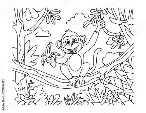 Adorable Monkey in the Jungle A Black and White Illustration for Coloring Fun